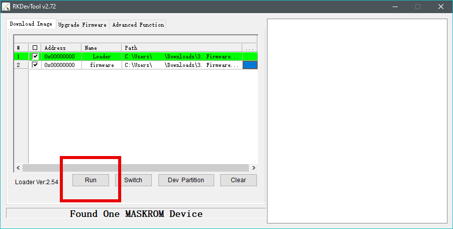 RKdevtool with the run button highlighted.